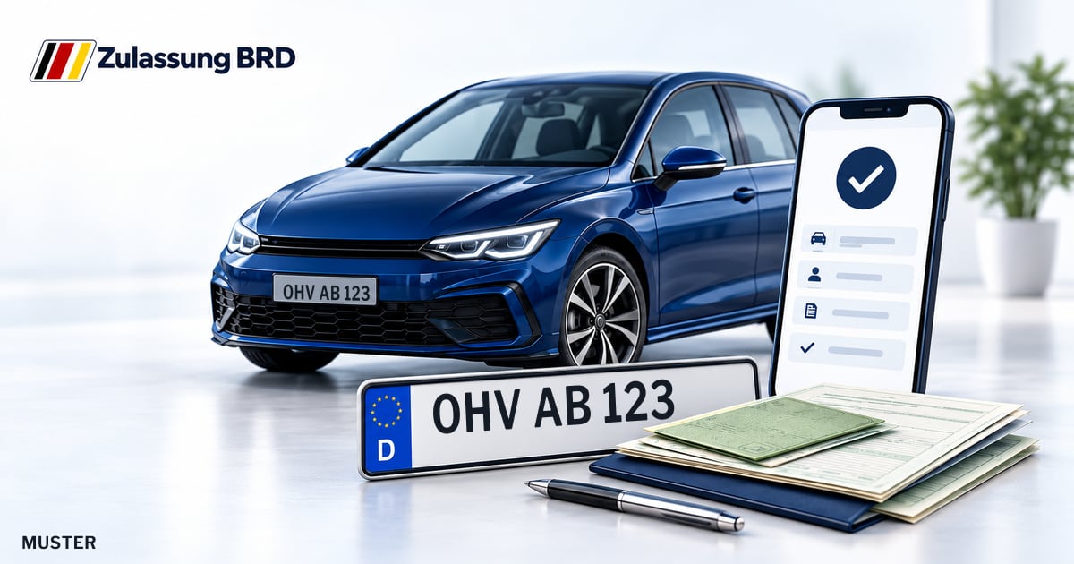 Online Fahrzeugzulassung in Oranienburg: Musterkennzeichen OHV AB 123, Auto und Fahrzeugpapiere und Smartphone. Illustration mit Logo von Zulassung BRD.